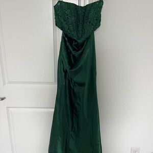 Dark green strapless prom dress with slit